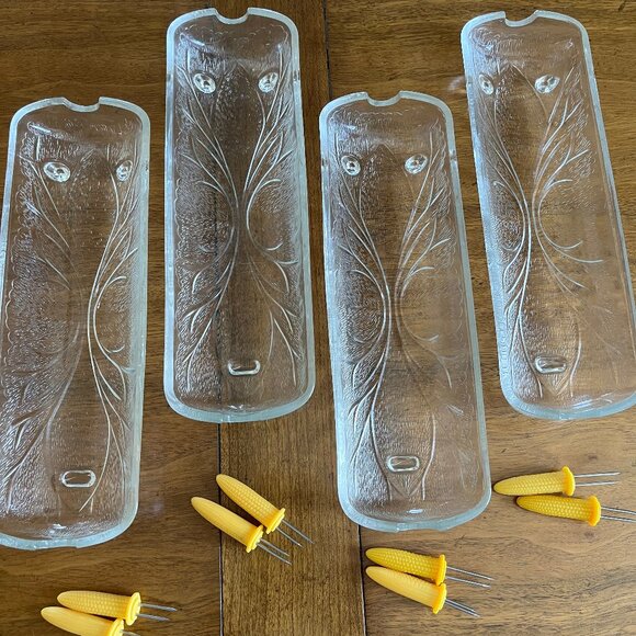 Set of 4 Vintage Heavy Clear Glass Corn on the Cob Dishes with Holders - Picture 1 of 5